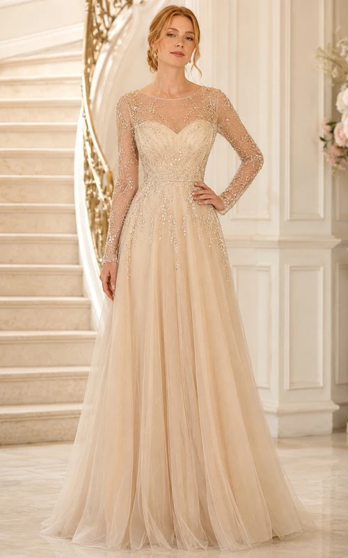 Vestido de noche de lujo largo hasta el suelo, color champán, con escote joya, mangas ilusión y falda en línea A.