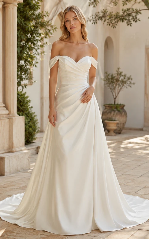 Robe de mariée minimaliste en satin, coupe trapèze, épaules dénudées, traîne.