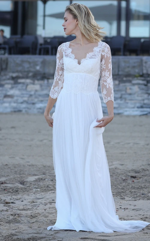 Sexy, figurbetontes, langes Chiffon-Brautkleid mit Applikationen und Schlüssellochausschnitt am Rücken