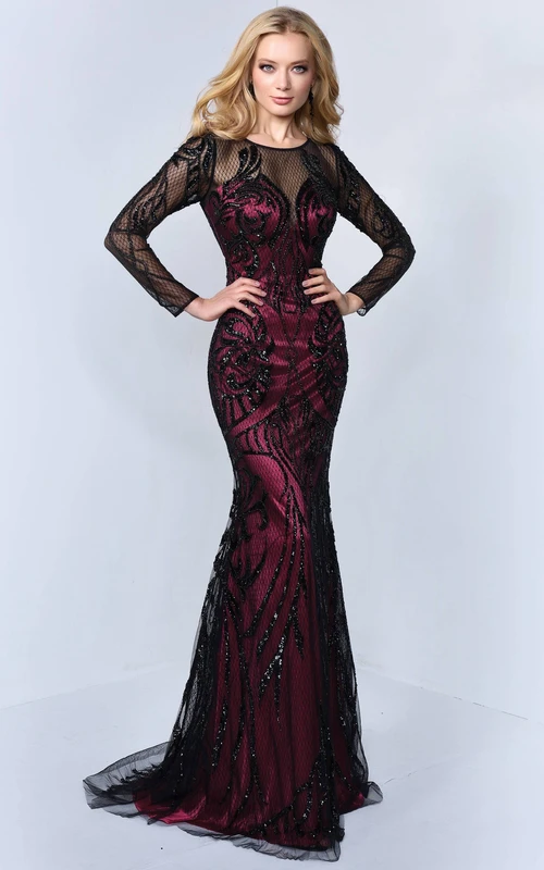 Robe sirène maxi à col rond et manches longues en tulle satin illusion ornée de sequins