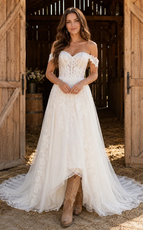 Robe de mariée de maternité, épaules dénudées, manches en dentelle, coupe trapèze, décolleté en cœur