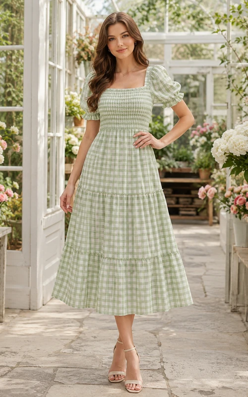 Sage Gingham Smocked Square Neck Puff Sleeve Midi Dress