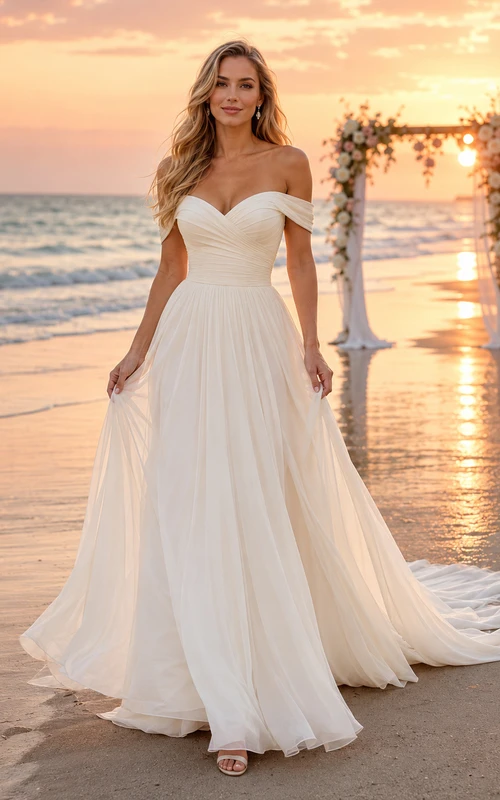 Strand-Sonnenuntergang schulterfreies Chiffon-A-Linien-Hochzeitskleid