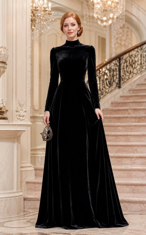 Black high neck long sleeve velvet A-line evening gown