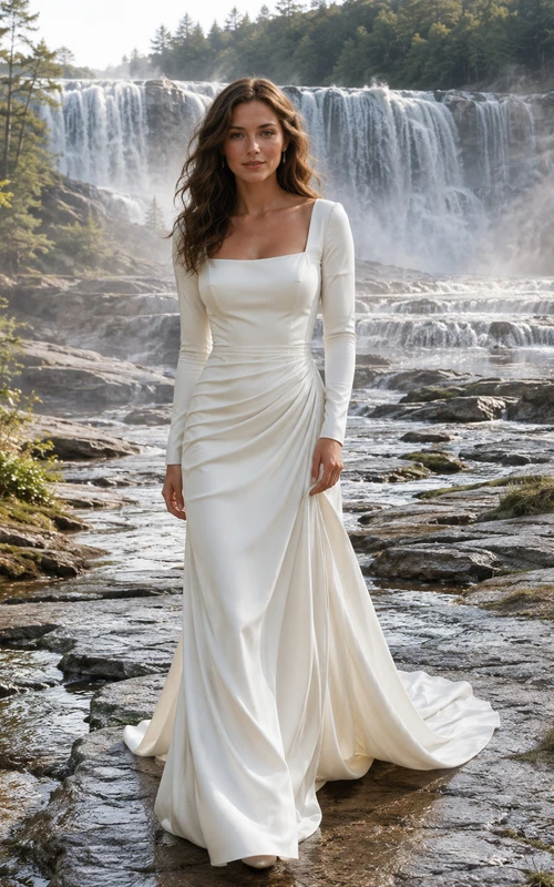 Brautkleid mit eckigem Ausschnitt, langen Ärmeln und Wasserfall-Drapierung
