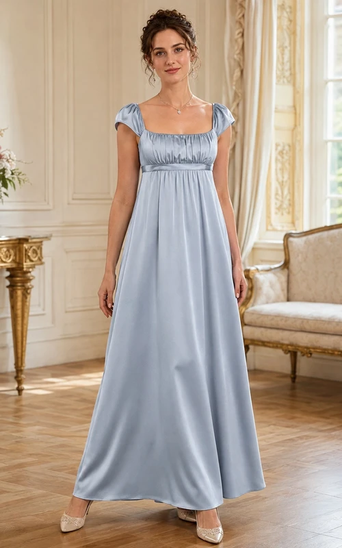 Sky Blue Regency Square Neck Puff Sleeve Satin Empire Floor-length Romantic Dress