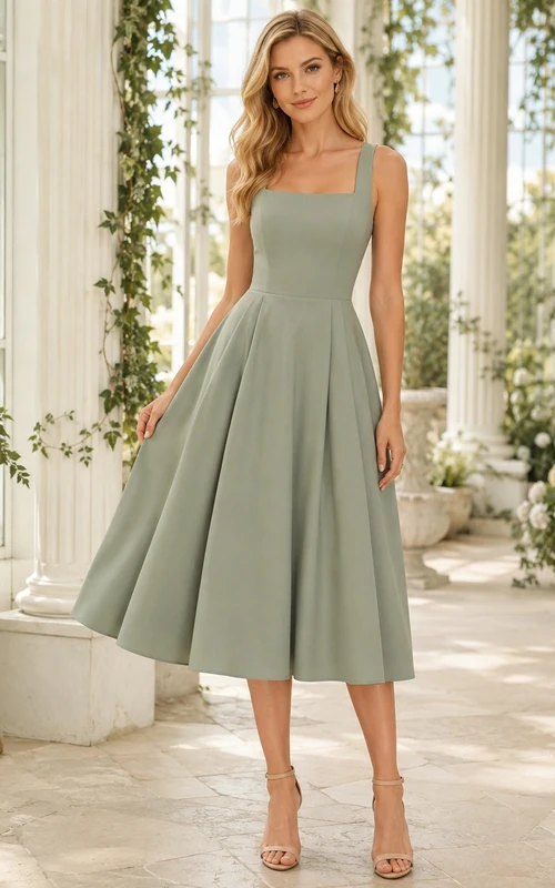 Celadon Square Neck Satin Pleated Tea-length Modern Garden Guest Dress