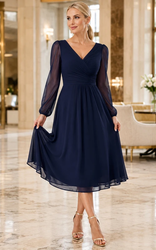 Dark Navy Mesh Sleeve Chiffon Midi Dress