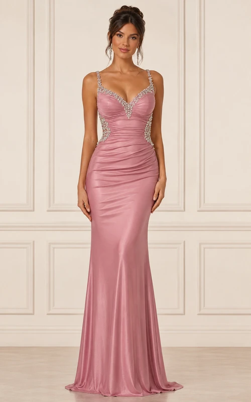 Rose Pink Fitted Prom Dress with Crystal Straps Sweetheart Satin Mermaid Gown