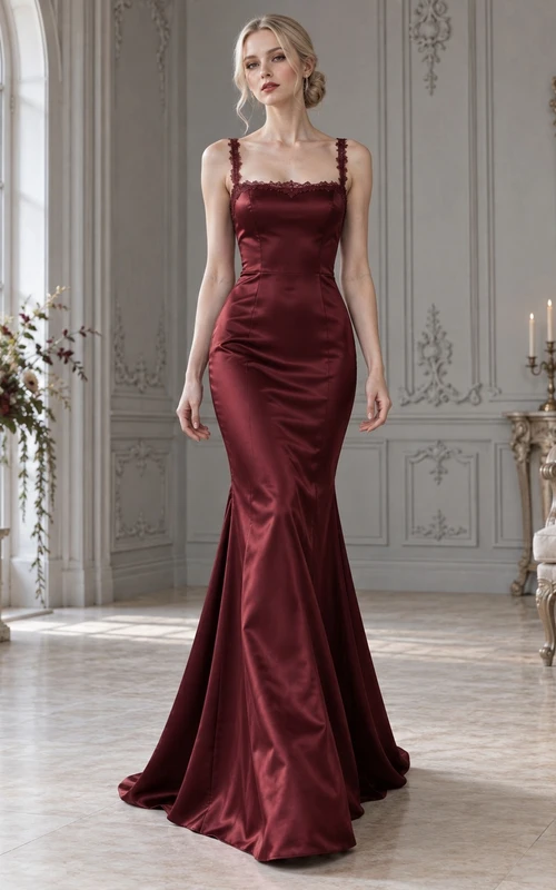 Vestido de dama de honor ajustado, estilo gótico sirena, de satén burdeos, con encaje, sin mangas y cola.