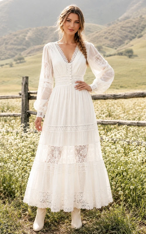 White V-Neck Long Sleeve Lace Panel Chiffon Boho Maxi Dress