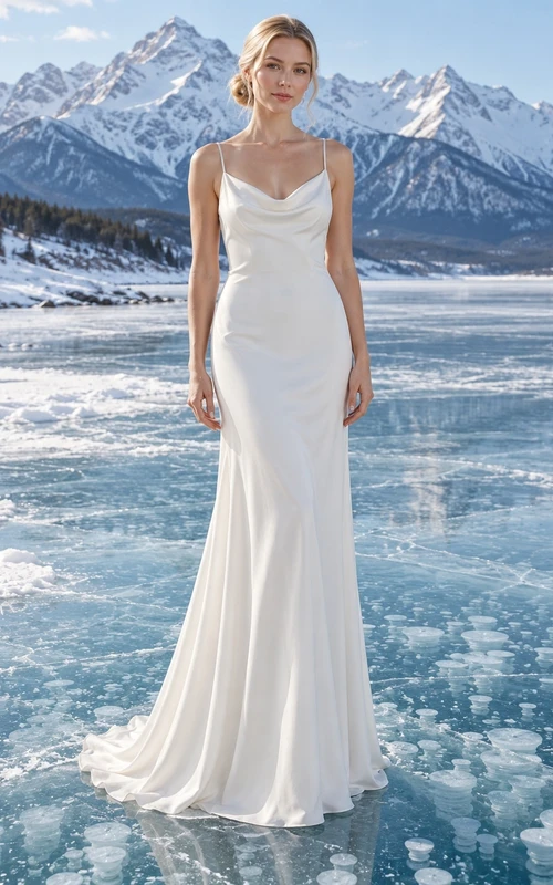 Vestido de novia sencillo de georgette con escote drapeado, tirantes finos y cola larga.