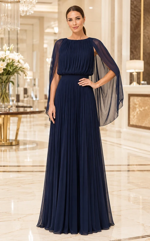 Robe de soirée bleu marine foncé en mousseline à manches cape et coupe trapèze