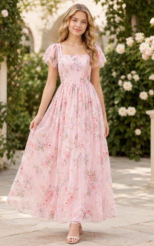 Zartrosa Brautjungfernkleid im A-Linien-Schnitt mit eckigen, kurzen Ärmeln aus Chiffon mit Blütenblattmuster und Boho-Stil
