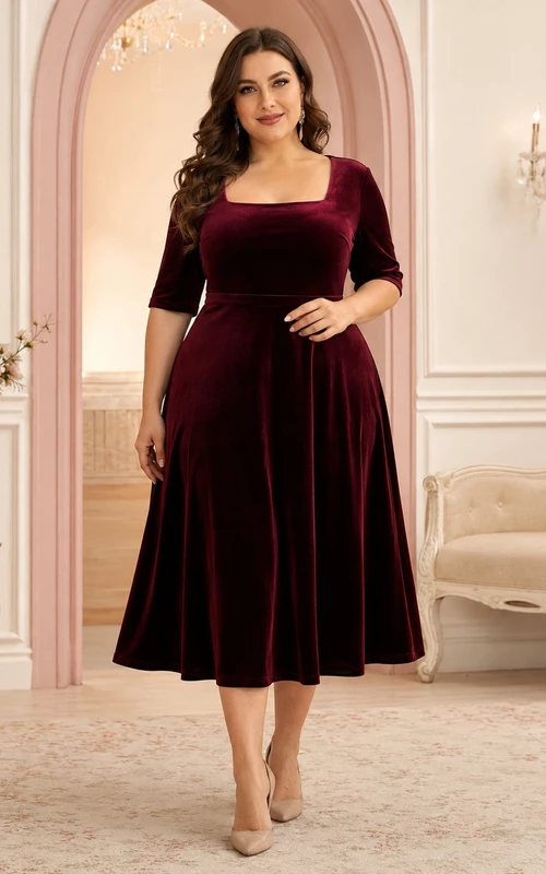 Vestido de cóctel de terciopelo burdeos de talla grande con cuello cuadrado, manga corta y corte en A, largo hasta la rodilla