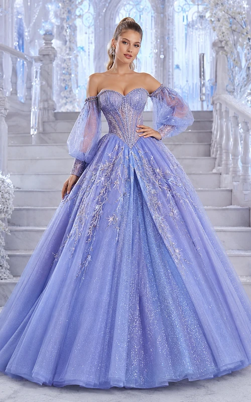 Vestido de baile de princesa de quinceañera Wisteria Luxury con hombros descubiertos y mangas abullonadas con purpurina de cristal.