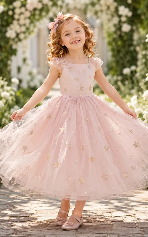 Pink Romantic A-Line Tulle Flower Girl Dress Cap Sleeve Scoop Neck Tea-Length Star Detail