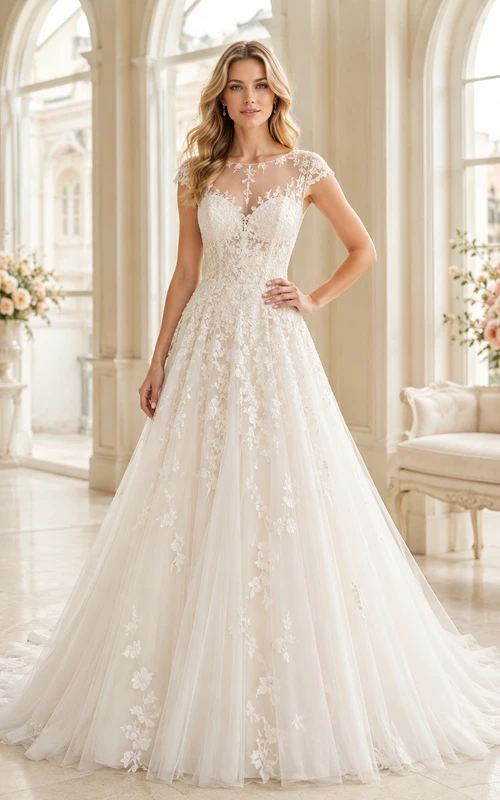 Robe de mariée romantique à manches courtes, coupe bateau, dentelle florale, ligne A et traîne chapelle