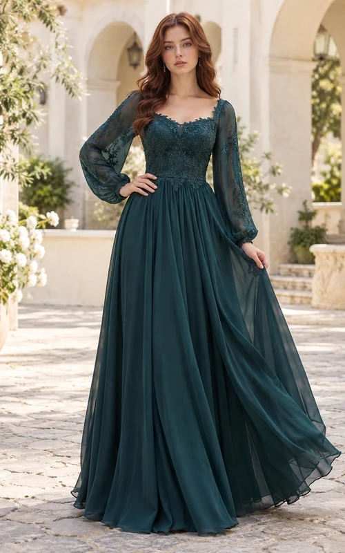 Boho Long Sleeve Peacock Sweetheart Lace Chiffon A-line Prom Dress
