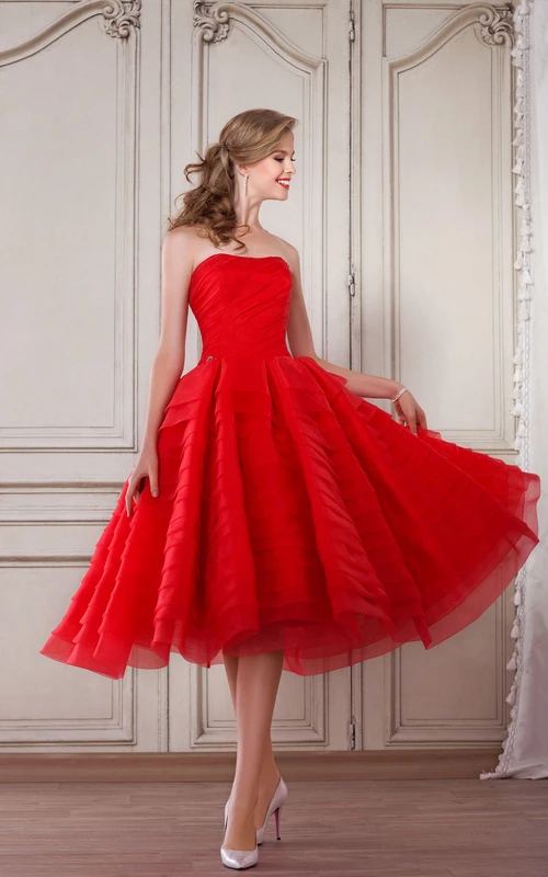 A-Linien-Kleid in Teelänge, trägerlos, ärmellos, aus Organza, gerafft, mit Falten und Reißverschluss