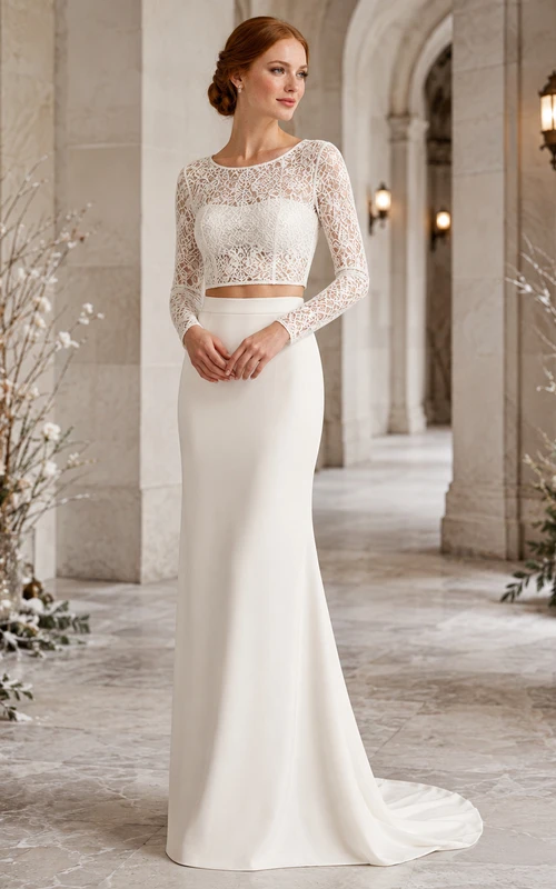 Long Sleeve Lace Crop Top Crepe Mermaid Chapel Bridal Set