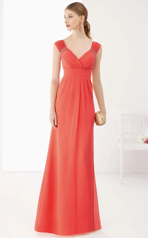 Robe de bal longue en mousseline de soie, coupe trapèze, col V, manches courtes, taille empire et dos en V
