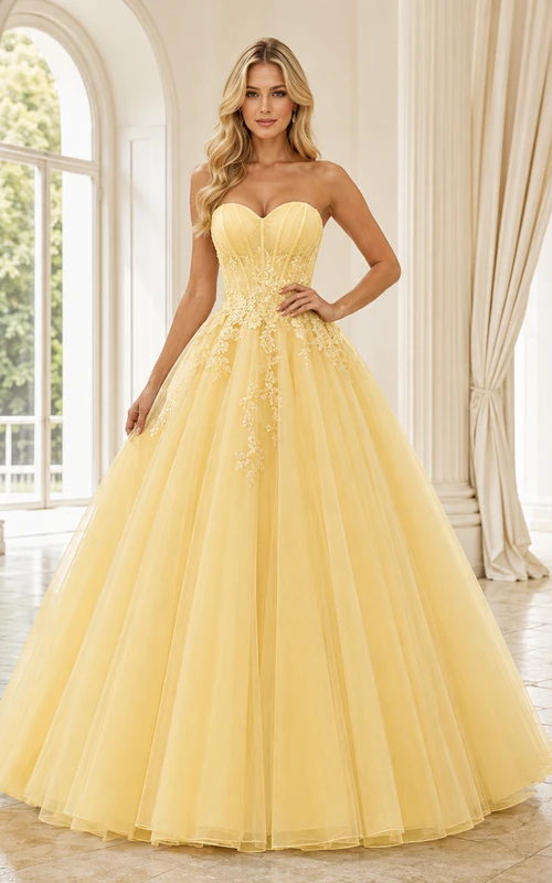 Vestido de fiesta largo de lujo Daffodil sin tirantes, escote corazón, con apliques de cuentas y tul.