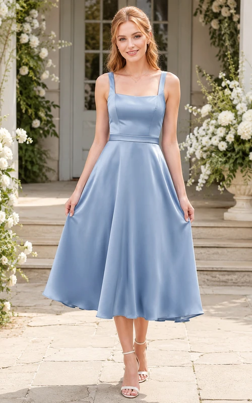 Robe de demoiselle d'honneur bleu poudré en satin, col carré, longueur thé, coupe trapèze, encolure carrée