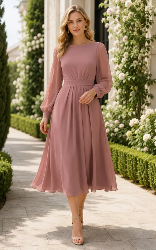 Vestido largo de gasa color rosa empolvado de manga larga hasta la rodilla