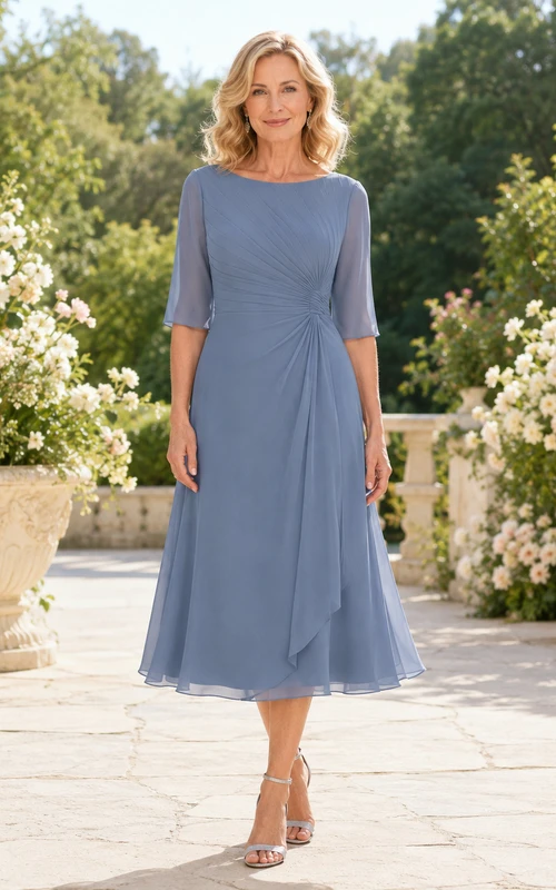 Elegantes, stahlblaues Chiffonkleid in Teelänge mit U-Boot-Ausschnitt, Ellbogenärmeln und geraffter Taille – ideal für die Mutter der Braut.