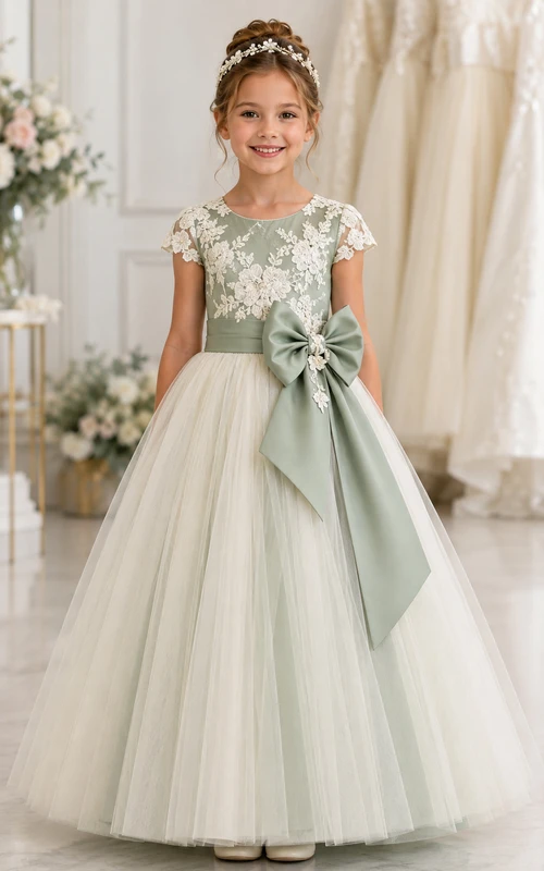 Salbeigrünes A-Linien-Blumenmädchenkleid aus Spitze mit Schleifenschärpe