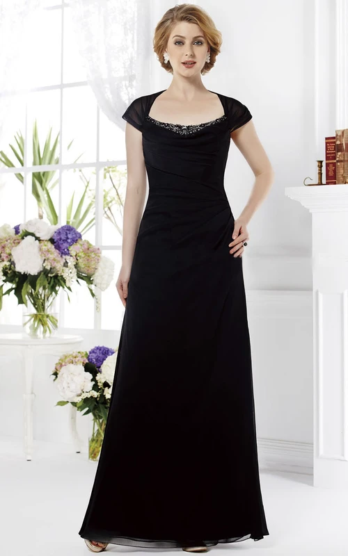 Cap-Sleeved Square-Neck Long Mother Of The Bride Dress With Crystals