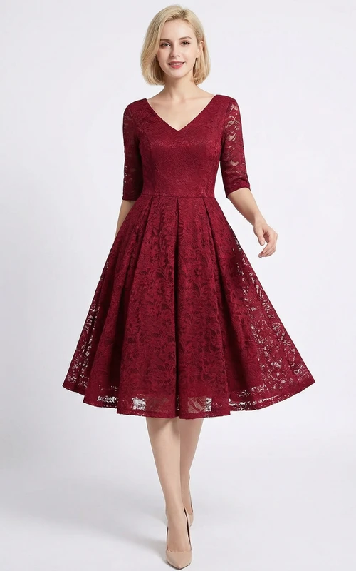Knielanges Cocktailkleid aus Spitze mit V-Ausschnitt