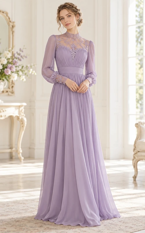 Vestido de dama de honor vintage de gasa con encaje lavanda, cuello alto y manga larga