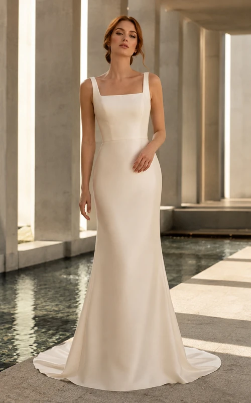Robe de mariée moderne en crêpe champagne à col carré et coupe fourreau