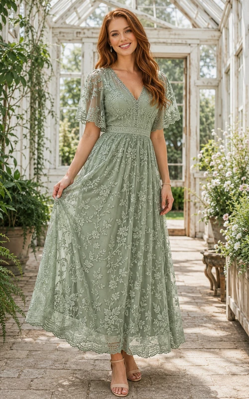 Robe cocktail en dentelle sauge, coupe trapèze, col V, manches courtes, longueur thé