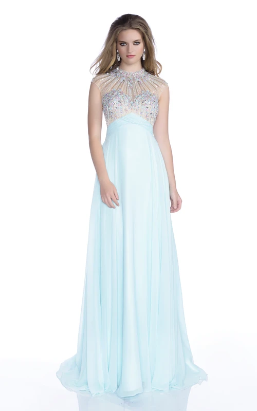 Robe de bal sophistiquée en mousseline à manches courtes avec strass brillants au niveau du buste
