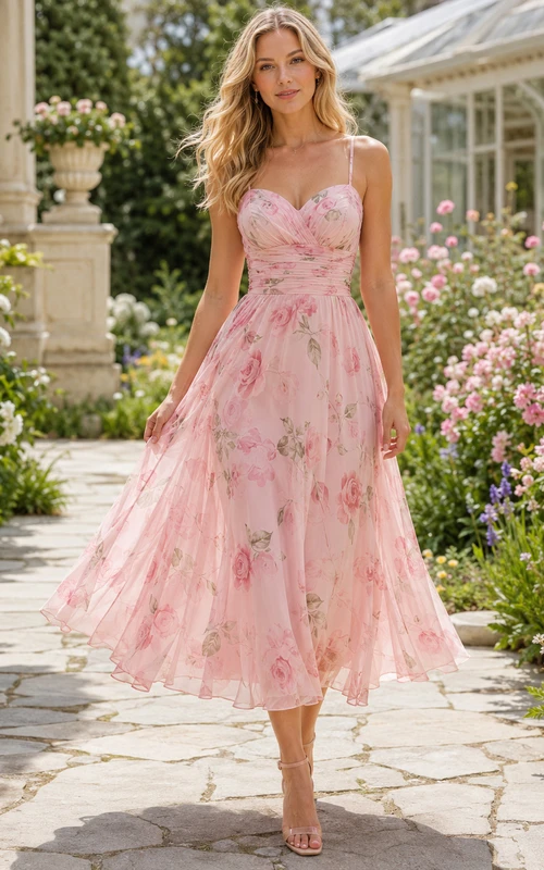 Blush Floral Print Strapless Tea-length A-Line Dress