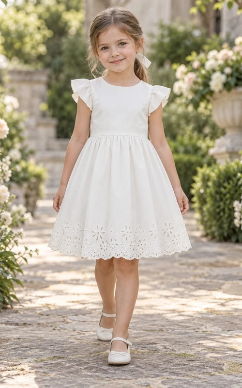 Robe de demoiselle d'honneur simple et modeste, couleur ivoire, longueur genou, ornée de bijoux, manches papillon, ourlet festonné et froncée, fermeture éclair, coupe trapèze.