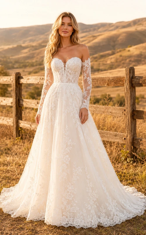 Vestido de novia de encaje con escote Bardot, corte en A y mangas largas.