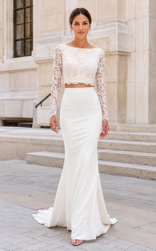 Tenue de mariée romantique deux pièces style bateau, manches longues en dentelle, coupe sirène