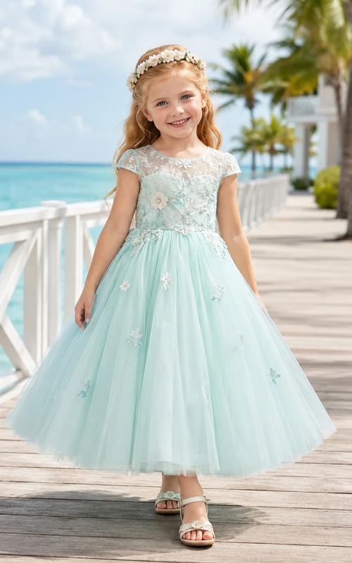 Adorable A-Line Flower Girl Dress with Jewel Neck Lace Bodice Mint Tulle Garden Celebration