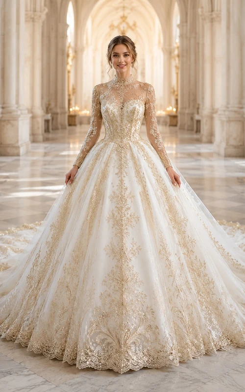 Goldenes, königliches Spitzenballkleid, Brautkleid mit hohem Kragen, langen Ärmeln, bodenlangem Kathedralenschleppen, Luxus