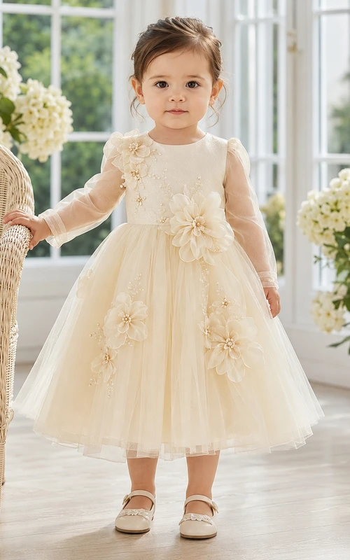 Champagnerfarbenes Taufkleid für Babys, A-Linie, Teelänge, Rundhalsausschnitt, lange Ärmel, Tüllspitze, 3D-Blumenapplikationen, Knopfleiste am Rücken