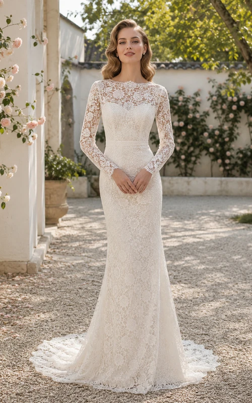 Robe de mariée élégante en dentelle illusion, col montant, manches longues, fourreau, traîne chapelle, ornée d'appliqués floraux.