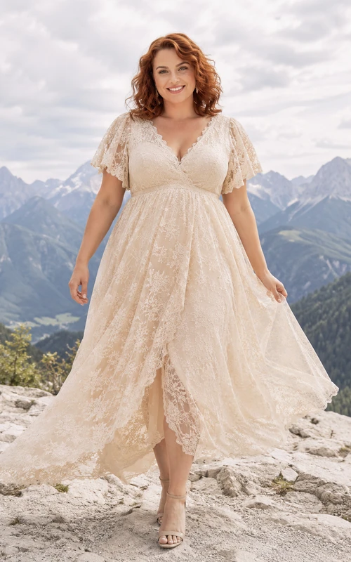 Plus Size Short Sleeve Lace Mountain Elopement Bridal Dress