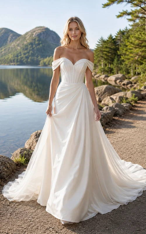 Robe de mariée en satin mousseline drapé à épaules dénudées, coupe trapèze, traîne chapelle, style bord de lac