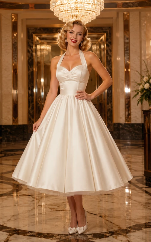 Retro Halter Satin Tea Length Hotel Bridal Dress