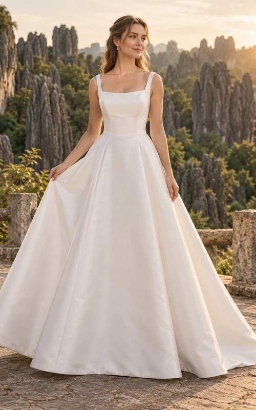Vestido de novia sencillo de corte A con escote cuadrado, sin mangas y corpiño liso