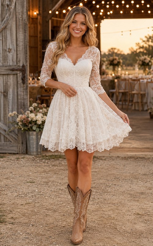 Beach Wedding Reception Dress Short Boho Wedding Dress For Bride – Long Sleeve Lace Strapless Tulle Mini Gown With V-Neck